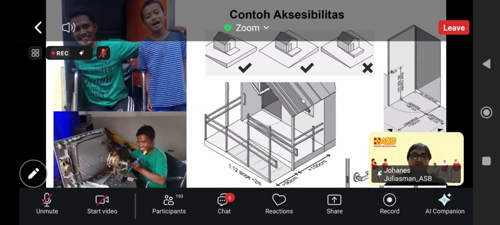 A screenshot from a Zoom webinar showing a slide titled "Contoh Aksesibilitas" (Examples of Accessibility). The slide includes technical diagrams of an accessible shelter design, such as ramps with a 1:12 slope, minimum width specifications, and door clearance. It also features photos of persons with disabilities: one smiling with a child and another repairing electronics. In the corner, Johanes Juliasman from ASB is shown as the speaker.
