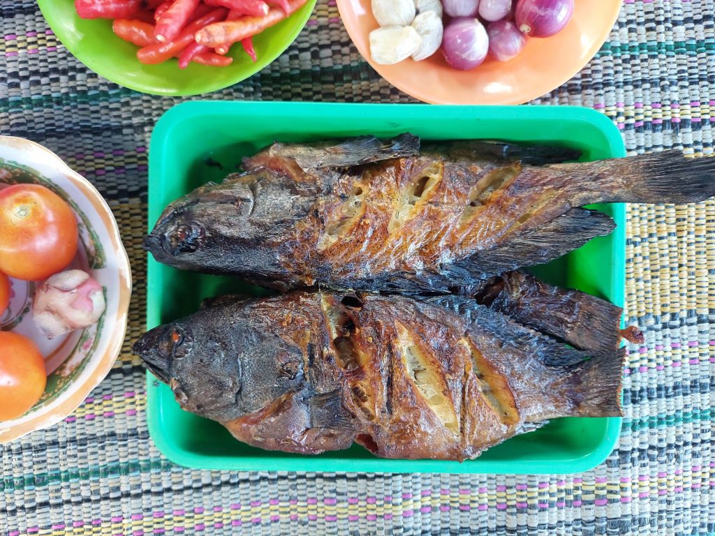 Two grilled ikan buaya (crocodile fish) placed on a green tray, surrounded by fresh tomatoes, shallots, garlic, and chillies on a woven mat.