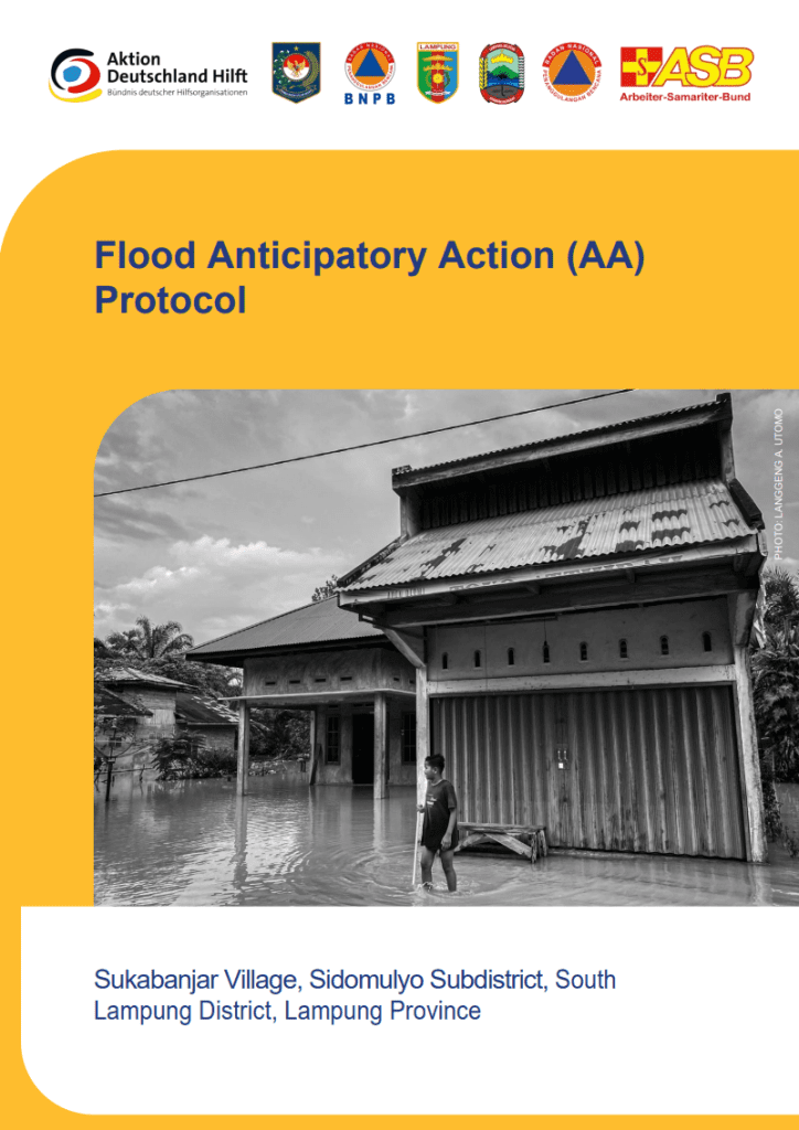 Cover page of the Flood Anticipatory Action (AA) Protocol document for Sukabanjar Village, Sidomulyo Subdistrict, South Lampung District, Lampung Province. The cover features institutional logos, including ASB, BNPB, and local government agencies, with a photograph showing a person walking through floodwater in front of traditional village houses—symbolizing the community’s vulnerability to flooding and the importance of preparedness.