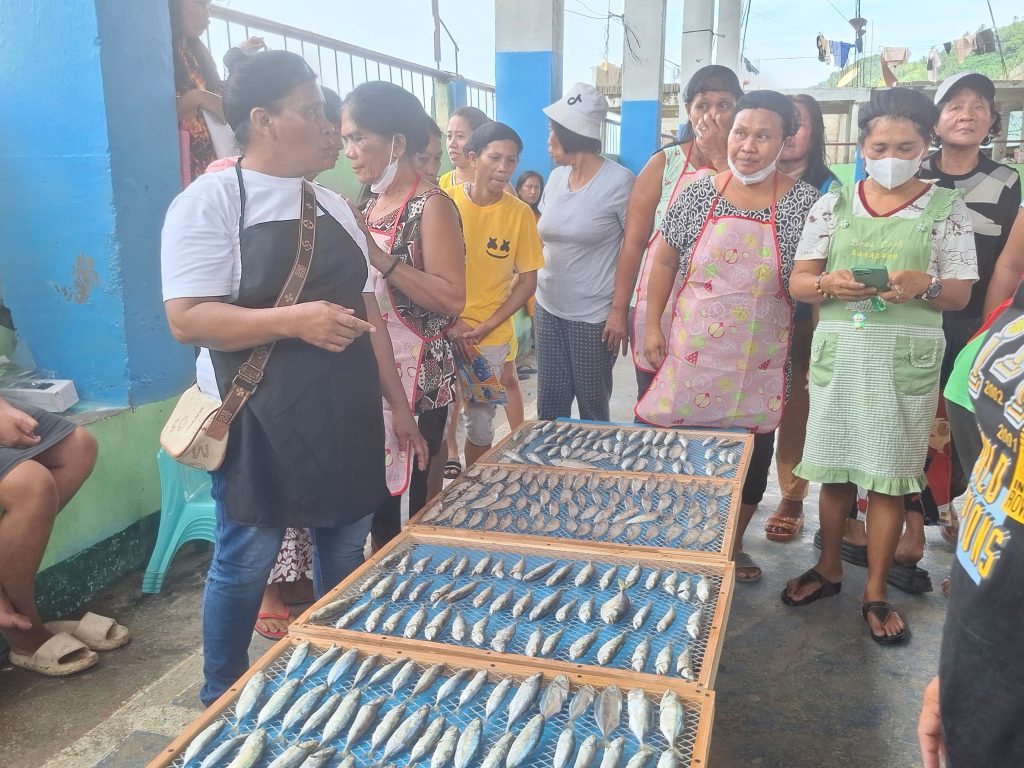 A group of women stand around trays of fish laid out for drying during a hands-on fish processing training session in Samar, Philippines.
