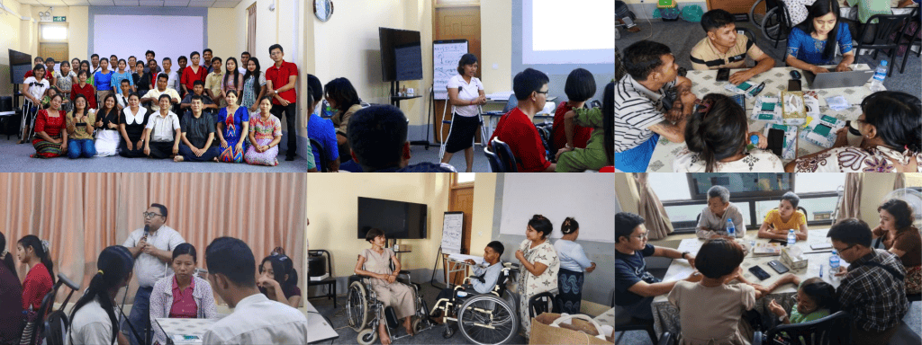 Collage of six photos showing an inclusive dialogue, with participants with and without disabilities taking part in presentations, group discussions, and collaborative activities. Several participants use wheelchairs.