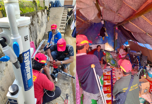 ERT ASB installs a water filter using a pond as the raw water source, and distributes hygiene and shelter kits to evacuation tents