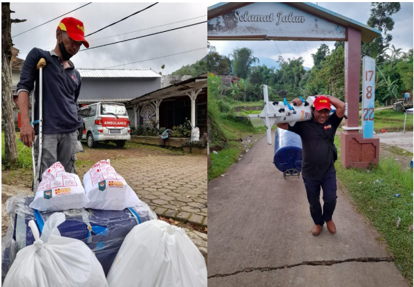 Lampung OPDis volunteers preparing distribution of hygiene and shelter kits, and ERT ASB bringing a Skyhydrant unit to an inaccessible hamlet